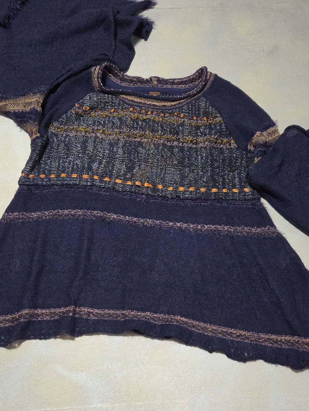 Free People Navy Textured Crewneck Sweater with Multicolor Stitching